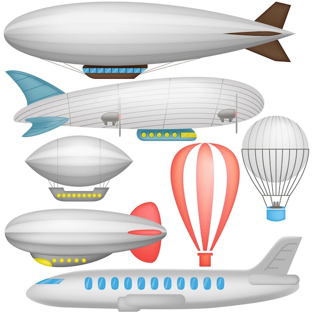 Premium Vector Airship Balloons And Airplane In Icons Collection