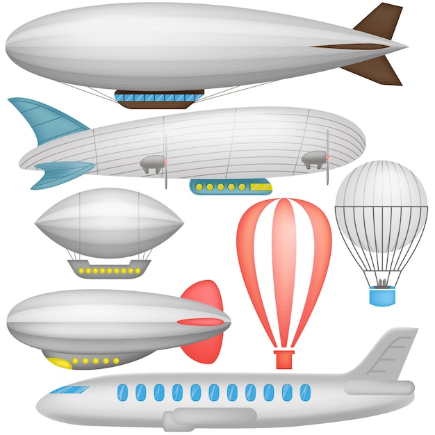 飛行船 風船 飛行機のアイコンコレクション分離イラスト プレミアムベクター