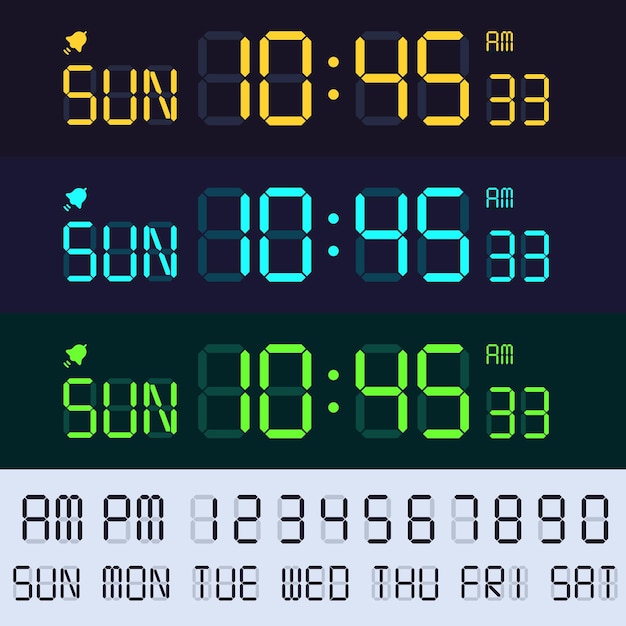 目覚まし時計液晶表示フォント 電子時計の数字 デジタル画面の時間と分 プレミアムベクター