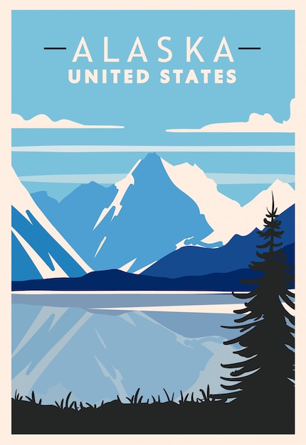 アラスカのレトロなポスター アメリカ旅行イラスト アメリカ合衆国 プレミアムベクター