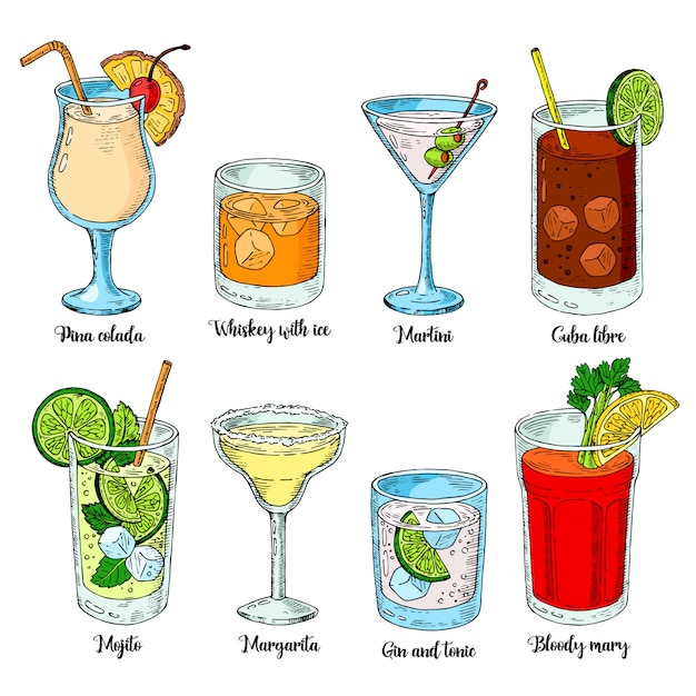 Alcoholic drinks set. set of isolated colorful sketch cocktails. Vector