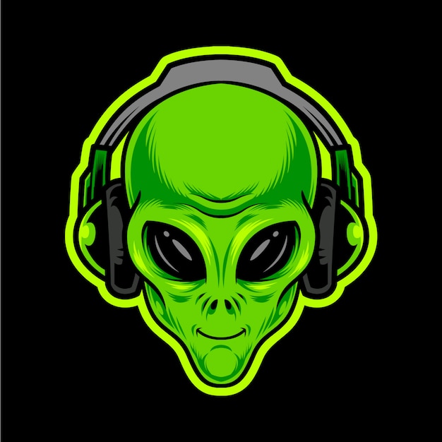 Alien Green Head With Headphones Premium Vector