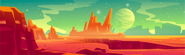 宇宙ゲームの背景のためのエイリアンの惑星の風景 赤い砂漠と岩 衛星と空の星と宇宙と火星の表面の漫画ファンタジーイラスト 無料のベクター