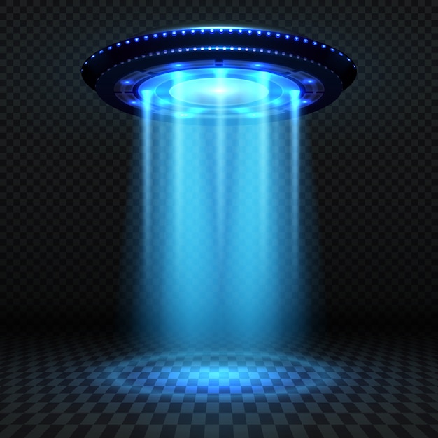 Aliens futuristic spaceship, ufo with blue lights. invasion vector concept. ufo invasion, spaceship and blue ray illustration Premium Vector