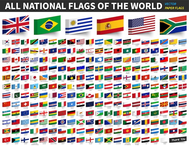 世界のすべての国旗粘着紙の旗デザイン プレミアムベクター