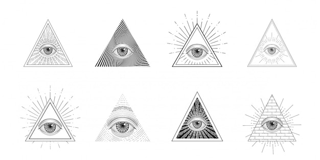 すべて見る目 光線を含む三角形のフリーメーソンのシンボル タトゥーのデザイン プレミアムベクター
