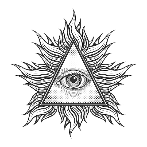 刻印の入れ墨のスタイルですべての見る目のピラミッドのシンボル フリーメーソンとスピリチュアル イルミナティと宗教 トライアングルマジック 無料のベクター