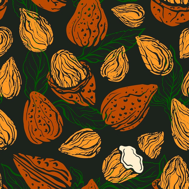 Premium Vector Almond Nut Seamless Pattern Natural Shell Green Leaf