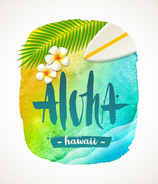 アロハハワイ 夏休みのイラスト ブラシ書道挨拶と水彩のバナー 図 プレミアムベクター