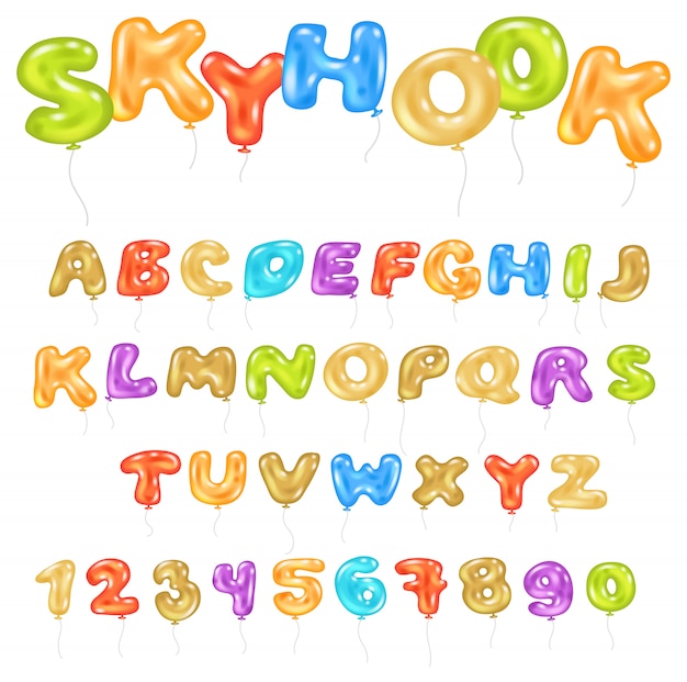 ヘリウムの色文字と数字の白い背景で隔離の漫画アルファベットセットの誕生日パーティーイラストのアルファベットabcバルーン子供アルファベットフォント プレミアムベクター