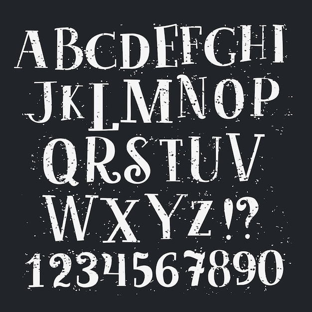 アルファベットと数字を設定します 黒地に手書きの白い文字と数字のヴィンテージ プレミアムベクター