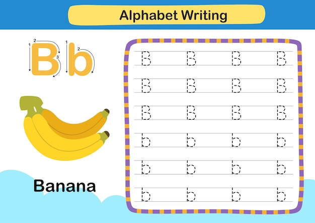 漫画の語彙イラストとアルファベット文字bバナナの練習 プレミアムベクター