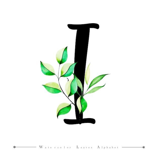 Premium Vector | Alphabet letter i with watercolor leaves background