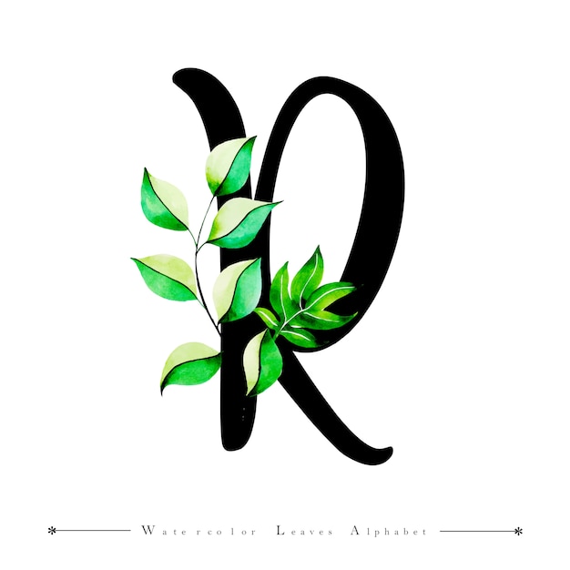Download Alphabet letter r with watercolor leaves background Vector | Premium Download