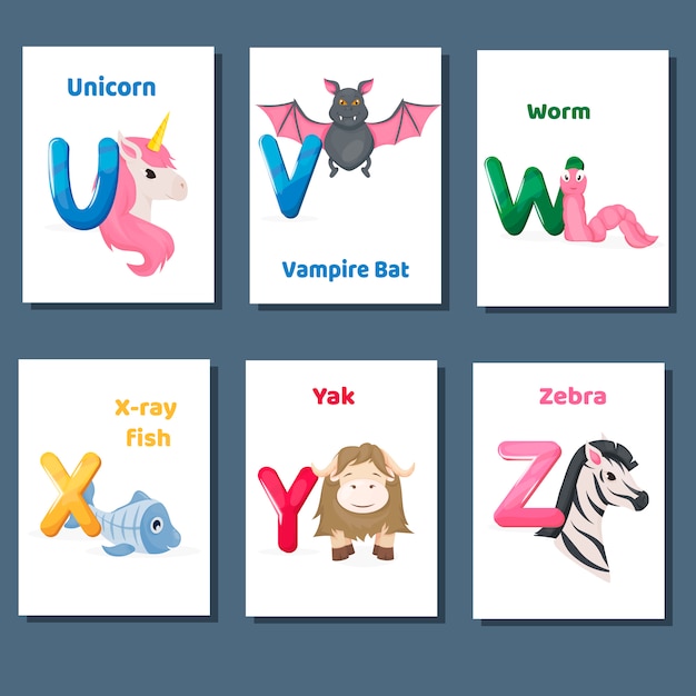 Premium Vector Alphabet Printable Flashcards Vector Collection With Letter U V W X Y Z Zoo Animals For English Language Education