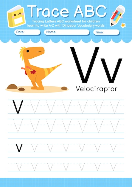 Premium Vector Alphabet Tracing Worksheet With Dinosaur Vocabulary Letter V