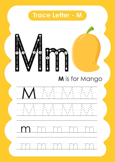 premium vector alphabet tracing worksheet with letter m mango