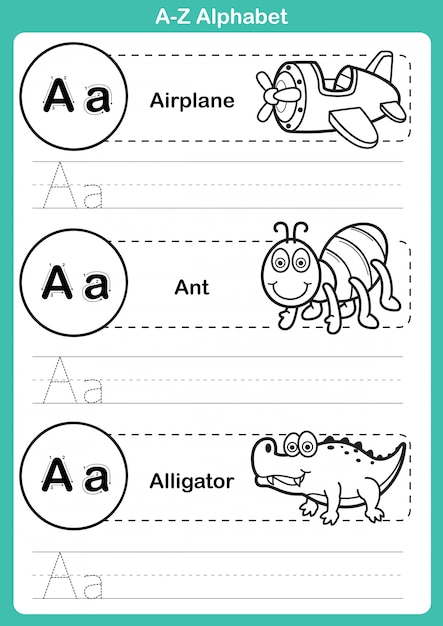 Alphabet a-z exercise with cartoon vocabulary for coloring ...