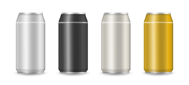 アルミニウムは ソーダやジュースの白い背景の上に広告することができます リアルでカラフルなアルミドリンク缶のセットです イラスト プレミアムベクター