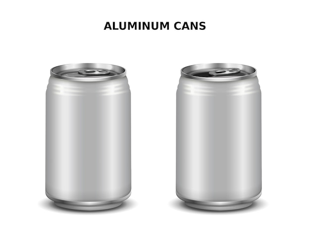 アルミ缶 3dイラストで白に分離されたデザインの2つの銀缶 プレミアムベクター
