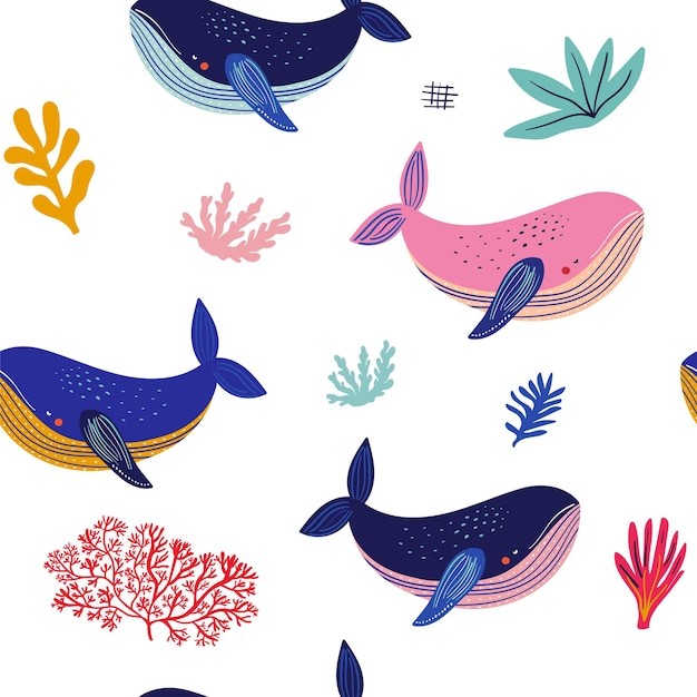 クジラのイラストやその他の要素でシームレスなパターンをアメージング プレミアムベクター