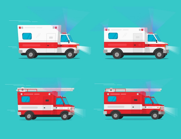 救急車と消防車の緊急車または消防車のトラックとサイレンフラッシャーライトフラット漫画イラストクリップアートイメージで高速で動く医療緊急車両自動車 プレミアムベクター
