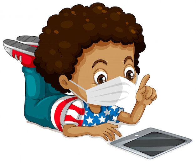 Download American boy wearing mask and tablet | Free Vector