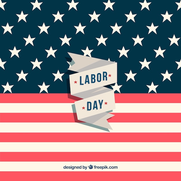 American flag background with labor day\
ribbon