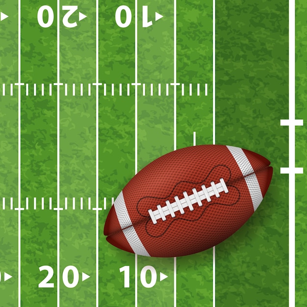 リアルなボール ライン 草のテクスチャを持つアメリカンフットボールのフィールド 正面図アメリカンラグビーボール プレミアムベクター