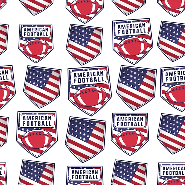 アメリカの国旗 ボール タイポグラフィの要素を持つアメリカンフットボールパッチパターンデザイン ラグビーのシームレスな背景 珍しいスポーツの壁紙 プレミアムベクター