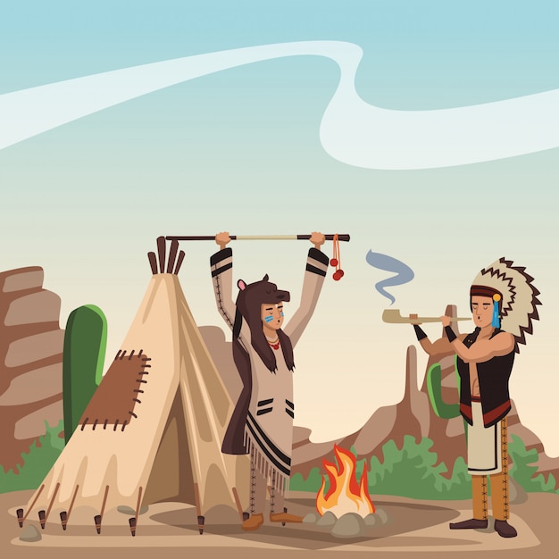 Premium Vector | American indian tribe at village cartoon