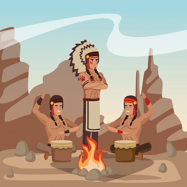 Premium Vector | American indian tribe at village cartoon