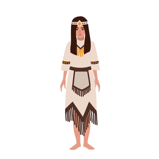 フリンジで飾られた民族衣装や伝統的な部族の衣装を着たアメリカのインド人女性 アメリカの先住民または先住民 女性の漫画のキャラクター フラットベクトル イラスト プレミアムベクター