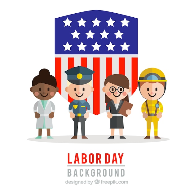American shield background with labor day
characters