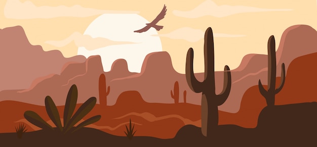 アメリカの野生の西の砂漠 大草原の風景背景自然バナー漫画イラスト コンセプト生気のない荒野 ワシが空を飛ぶ プレミアムベクター