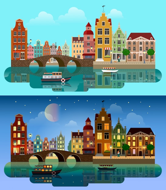 アムステルダムオランダ昼と夜の街並みフラットベクトルイラスト ボートで川に架かる建物 無料のベクター