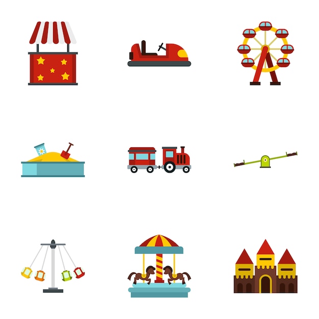 Amusement park attractions set, flat style Premium Vector