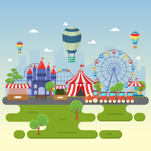 Premium Vector Amusement Park Circus Carnival Festival Fun Fair Landscape Illustration