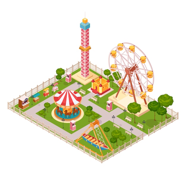Amusement park design concept with seesaw ferris wheel carousel and extreme family attraction isometric elements cartoon Free Vector