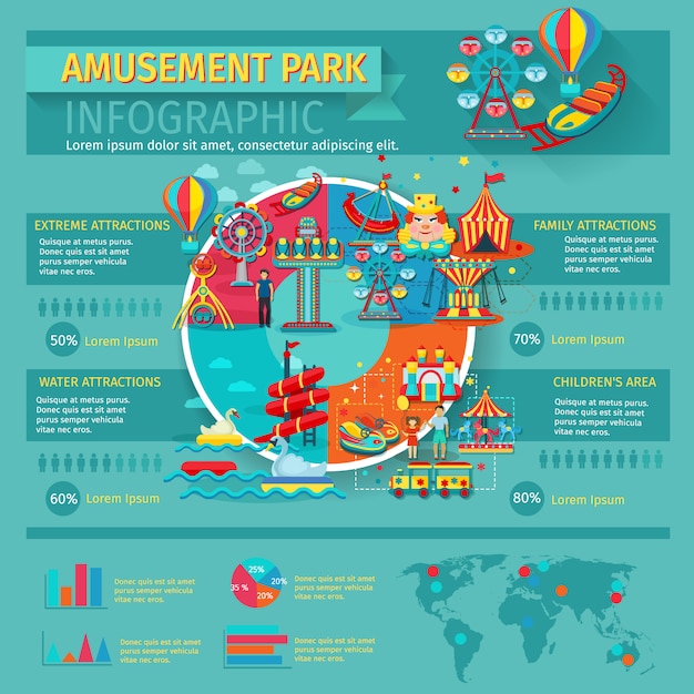 Amusement park infographics set with family\
attractions symbols and charts