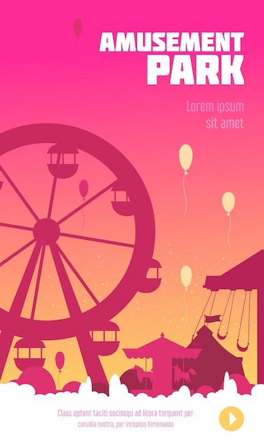 Amusement park poster with ferris wheel carousel and circus tent