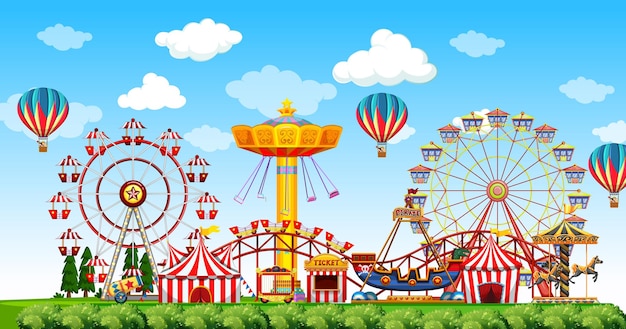 Free Vector | Amusement park scene at daytime with balloons in the sky