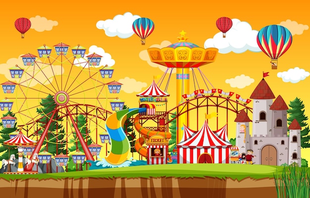 Premium Vector | Amusement park scene at daytime with balloons in the sky