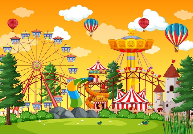 Free Vector | Amusement park scene at daytime with balloons in the sky