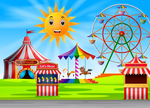 Premium Vector | Amusement park scene at daytime with cute sun