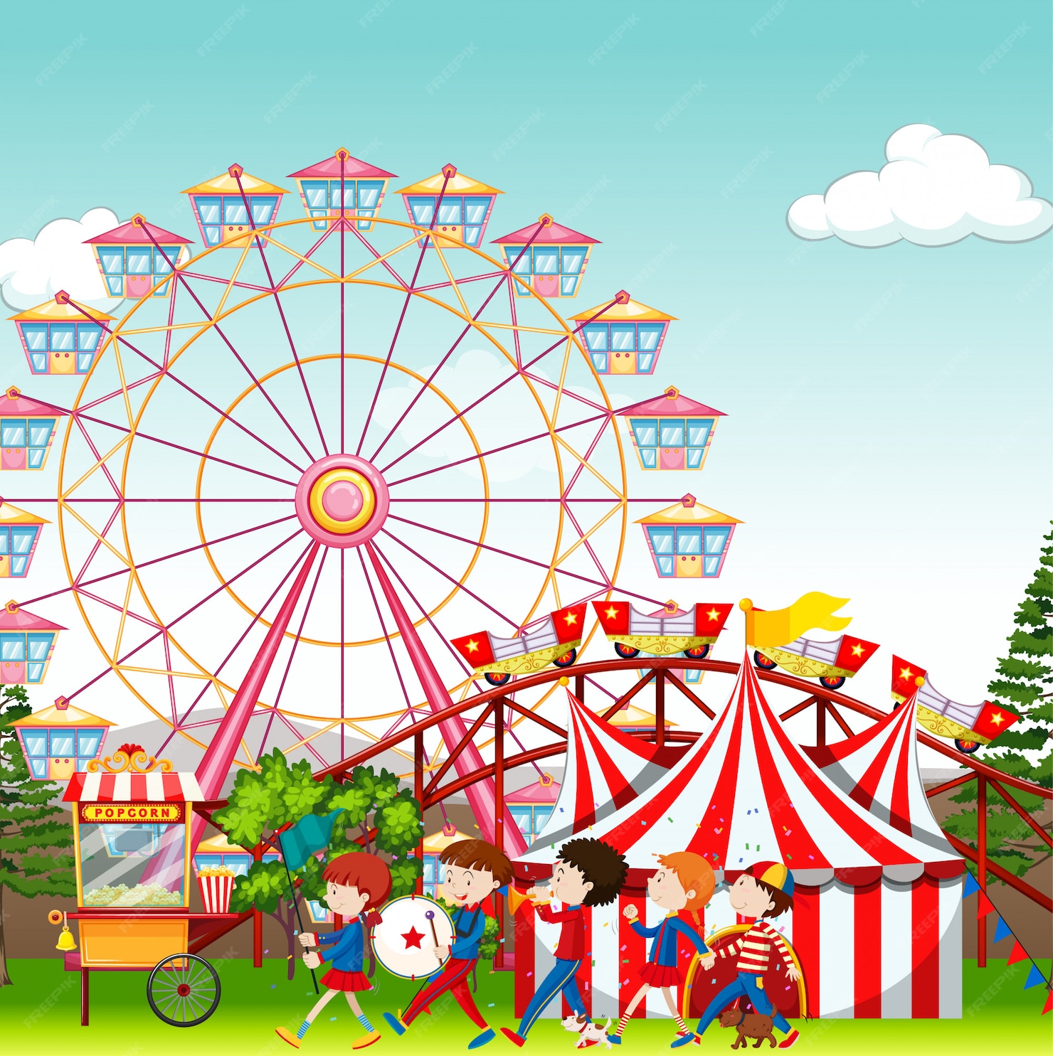 Free Vector | Amusement park with circus and ferris wheel background