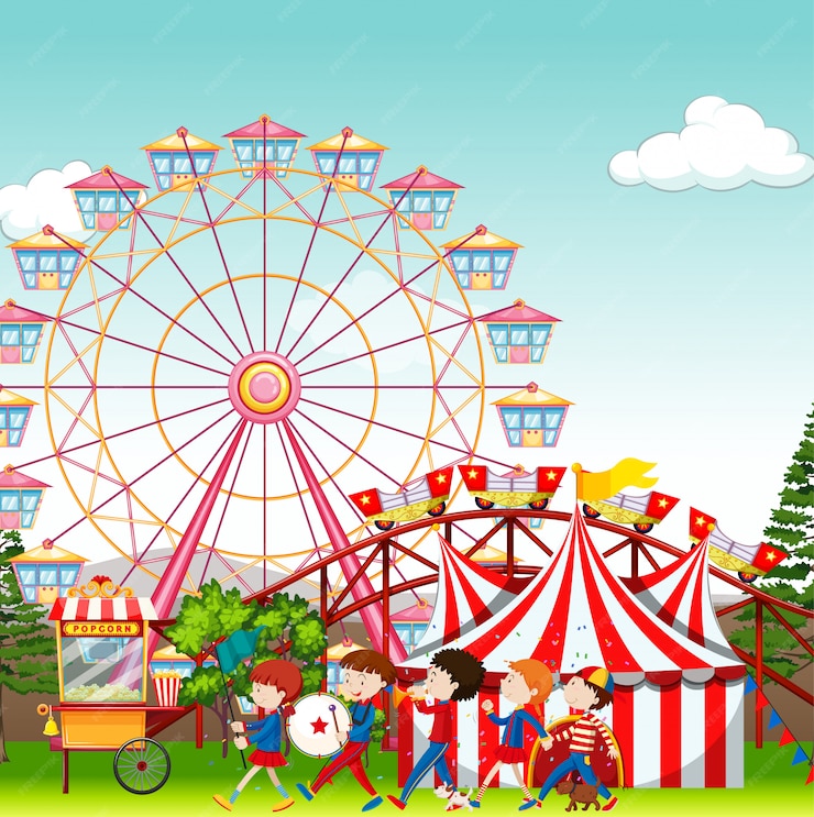 Free Vector | Amusement park with circus and ferris wheel background