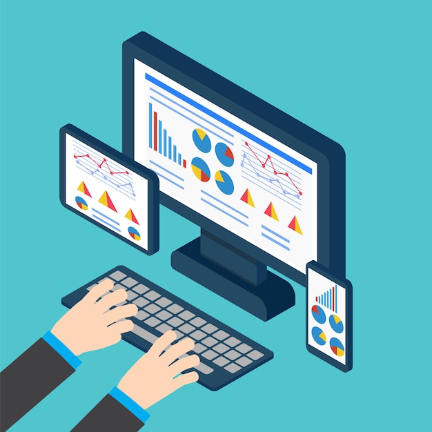 Analytics and programming vector. web application optimization. responsive pc Premium Vector