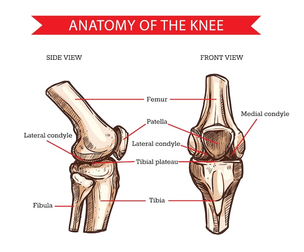 足の骨と関節の人間の膝のスケッチの解剖学 医学 膝の骨 手描きの大腿骨 膝蓋骨 脛骨と腓骨 脛骨プラトー 外側顆の側面図と正面図 プレミアムベクター