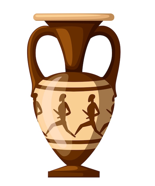 古代のアンフォラのイラスト 人間と2つのハンドルを持つアンフォラ ギリシャまたはローマ文化 茶色の色とパターン 白い背景で隔離のフラットの図 ギリシャの陶器のアイコン プレミアムベクター